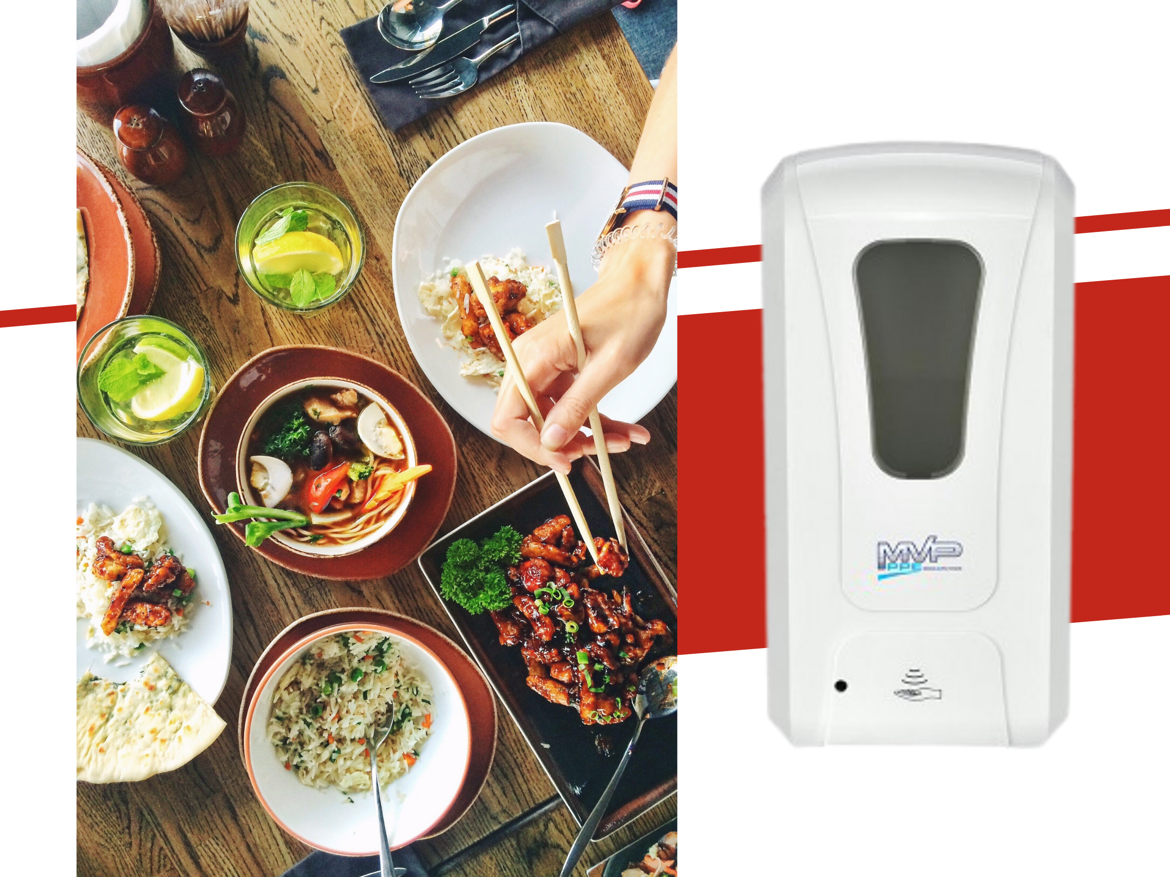 Image of a touchless hand sanitizer dispenser beside a hand holding chopsticks, eating various Asian dishes. 